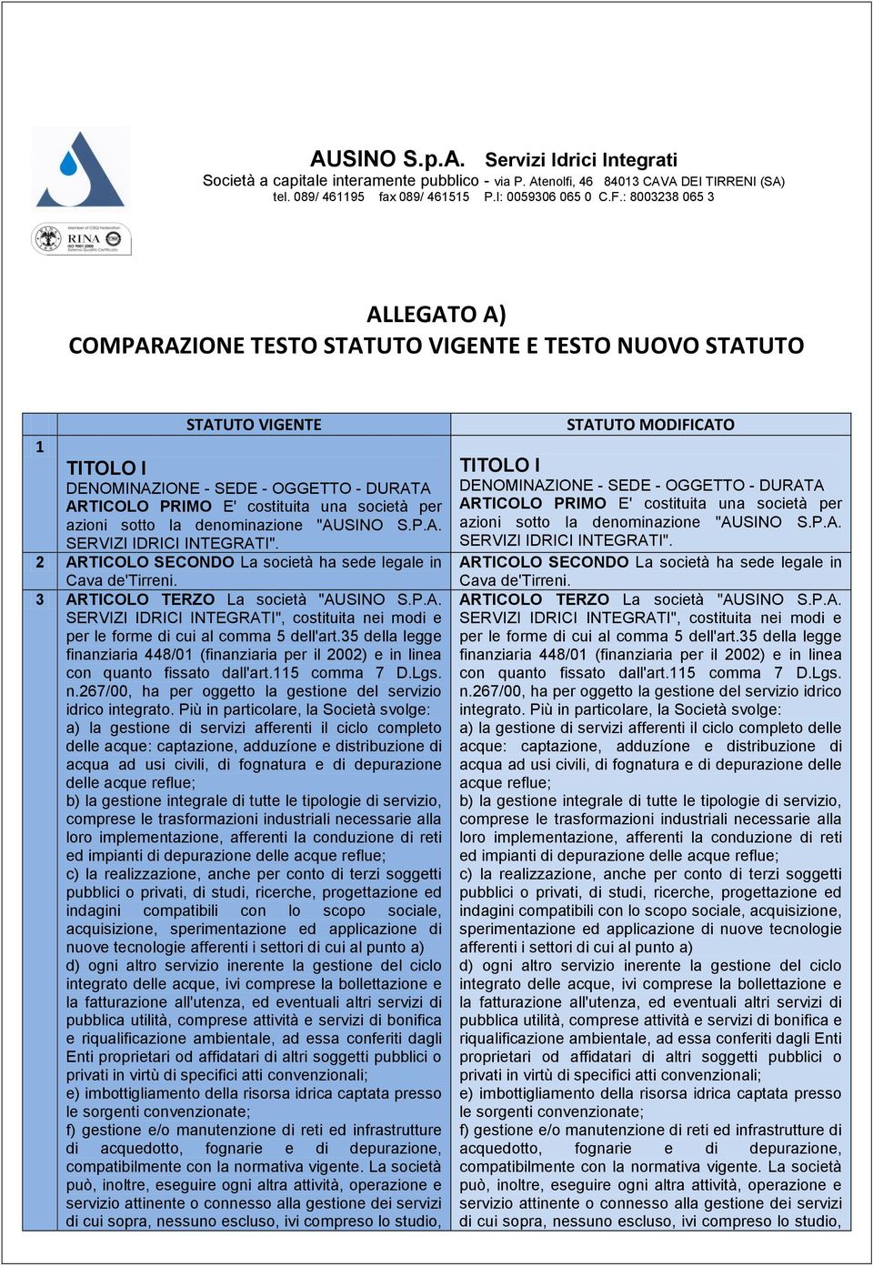 azioni sotto la denominazione "AUSINO S.P.A. SERVIZI IDRICI INTEGRATI". 2 ARTICOLO SECONDO La società ha sede legale in Cava de'tirreni. 3 ARTICOLO TERZO La società "AUSINO S.P.A. SERVIZI IDRICI INTEGRATI", costituita nei modi e per le forme di cui al comma 5 dell'art.