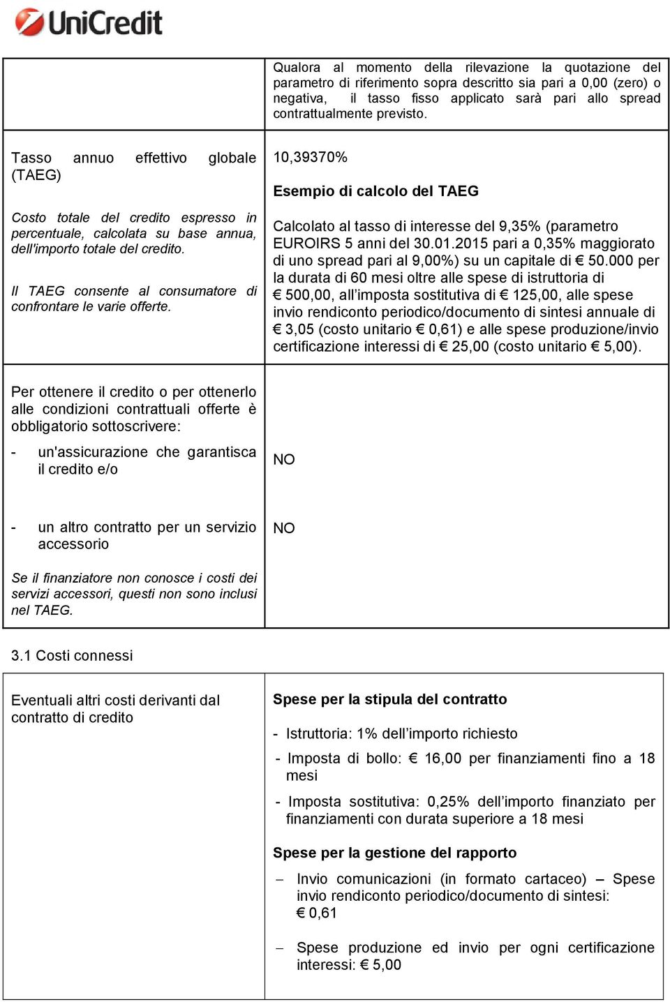 Il TAEG consente al consumatore di confrontare le varie offerte. 10,39370% Esempio di calcolo del TAEG Calcolato al tasso di interesse del 9,35% (parametro EUROIRS 5 anni del 30.01.