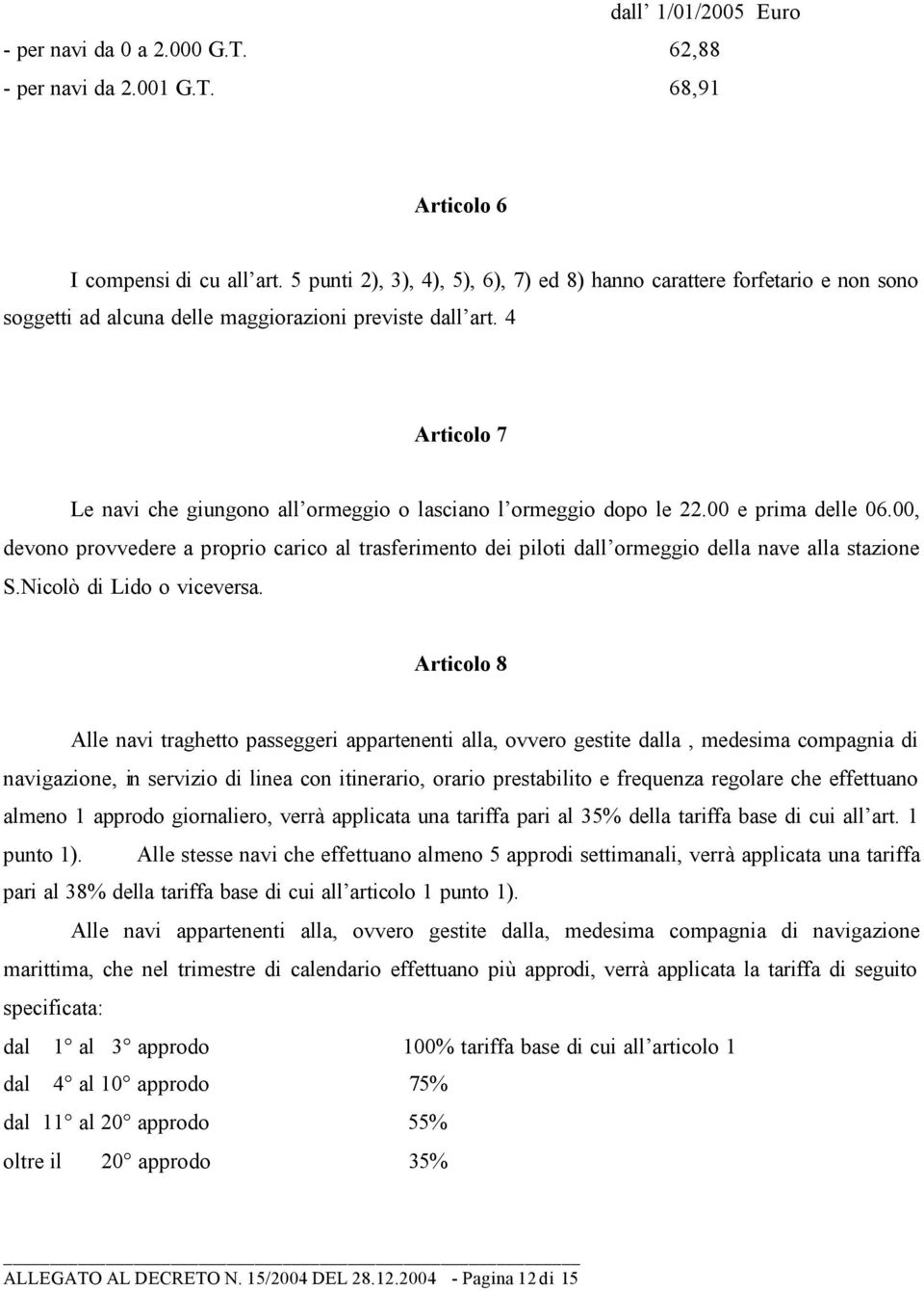 4 Articolo 7 Le navi che giungono all ormeggio o lasciano l ormeggio dopo le 22.00 e prima delle 06.