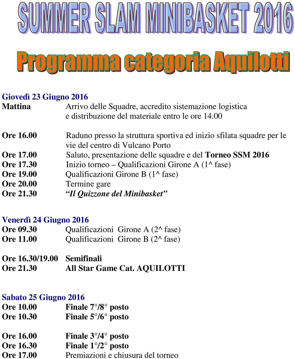 30 Inizio torneo Qualificazioni Girone A (1^ fase) Ore 19.00 Qualificazioni Girone B (1^ fase) Ore 20.00 Termine gare Ore 21.30 Il Quizzone del Minibasket Venerdì 24 Giugno 2016 Ore 09.