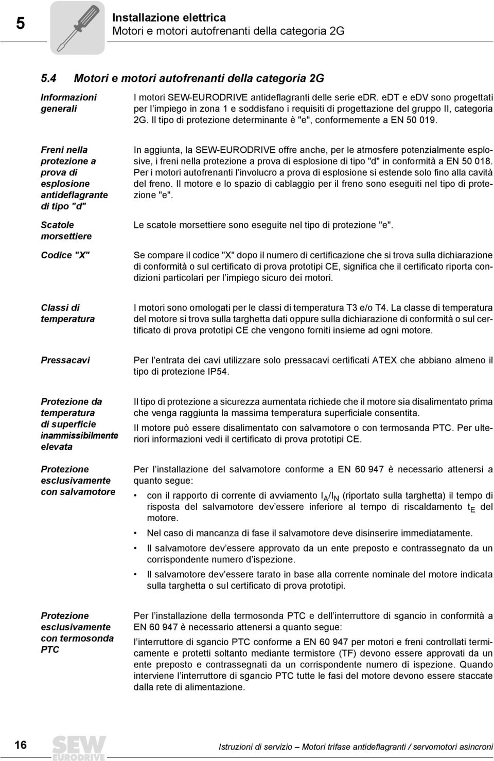 edt e edv sono progettati per l impiego in zona 1 e soddisfano i requisiti di progettazione del gruppo II, categoria 2G. Il tipo di protezione determinante è "e", conformemente a EN 50 019.