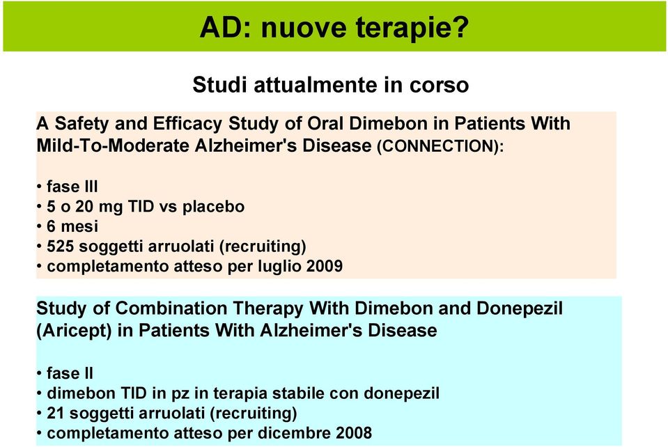 (CONNECTION): fase III 5 o 20 mg TID vs placebo 6 mesi 525 soggetti arruolati (recruiting) completamento atteso per luglio