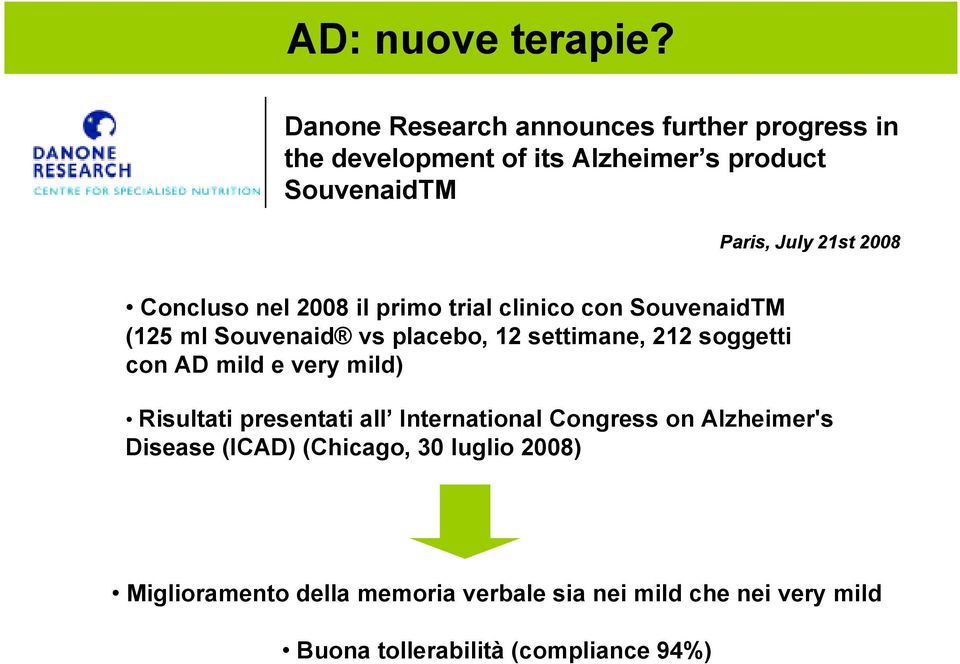 2008 Concluso nel 2008 il primo trial clinico con SouvenaidTM (125 ml Souvenaid vs placebo, 12 settimane, 212 soggetti
