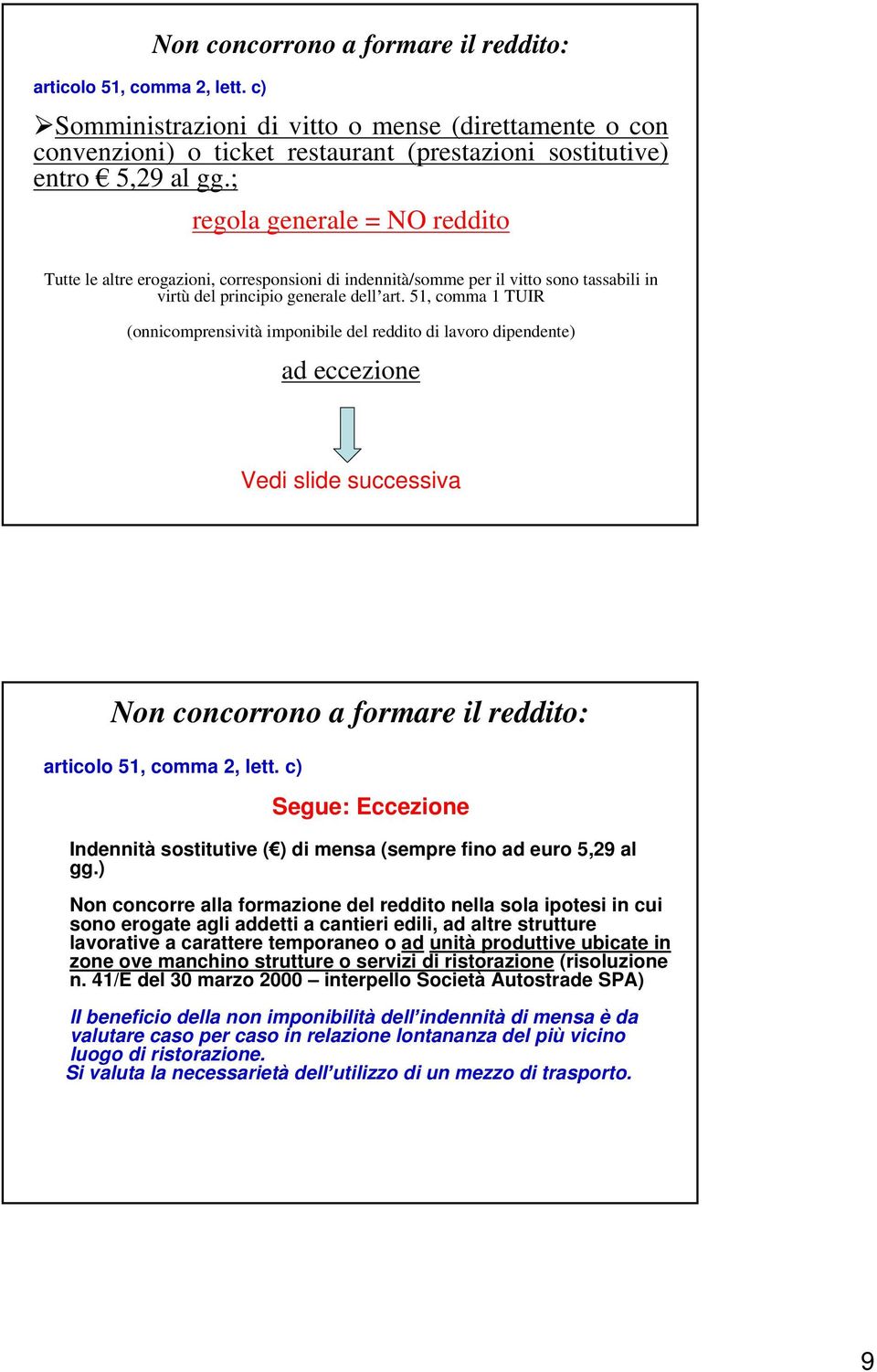 51, comma 1 TUIR (onnicomprensività imponibile del reddito di lavoro dipendente) ad eccezione Vedi slide successiva Non concorrono a formare il reddito: articolo 51, comma 2, lett.