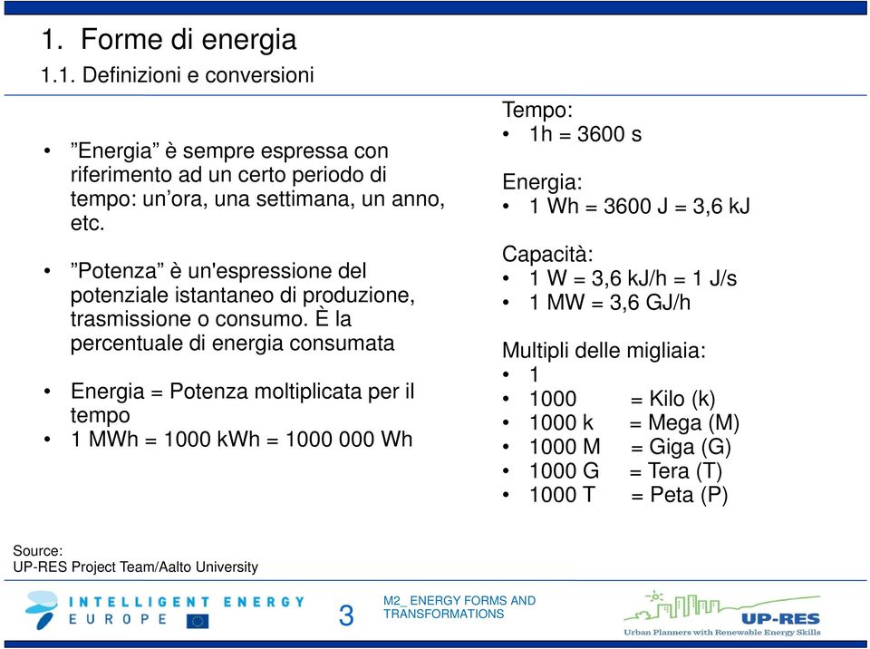 È la percentuale di energia consumata Energia = Potenza moltiplicata per il tempo 1 MWh = 1000 kwh = 1000 000 Wh Tempo: 1h = 3600 s Energia: 1 Wh = 3600 J