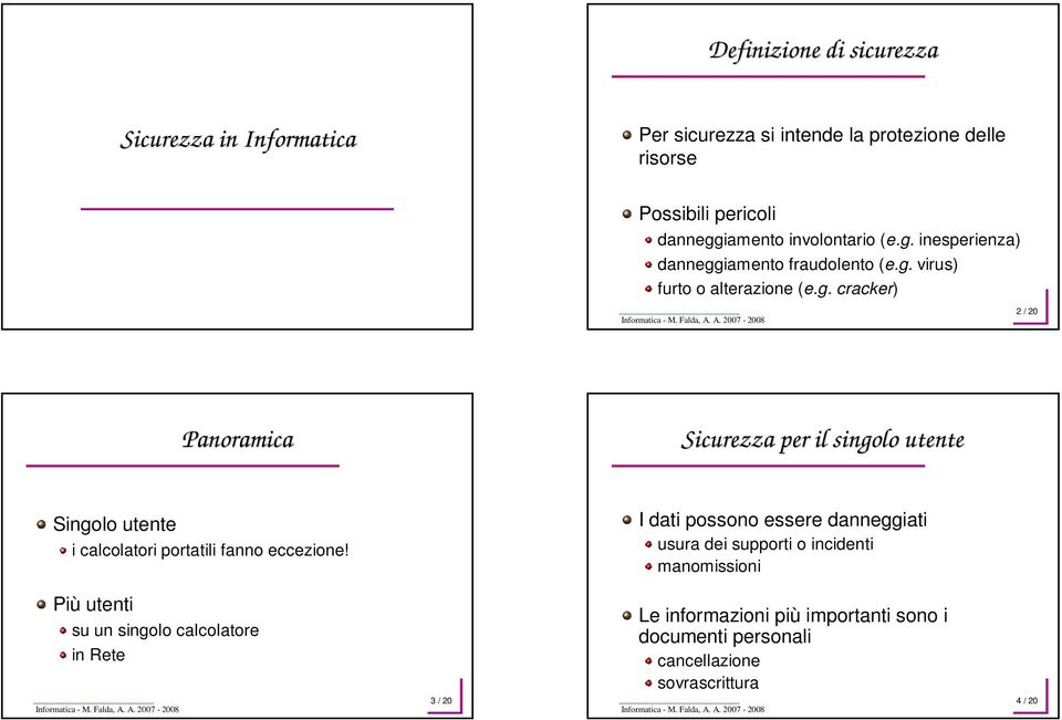 I dati possono essere danneggiati usura dei supporti o incidenti manomissioni Più utenti su un singolo calcolatore in Rete Le informazioni più