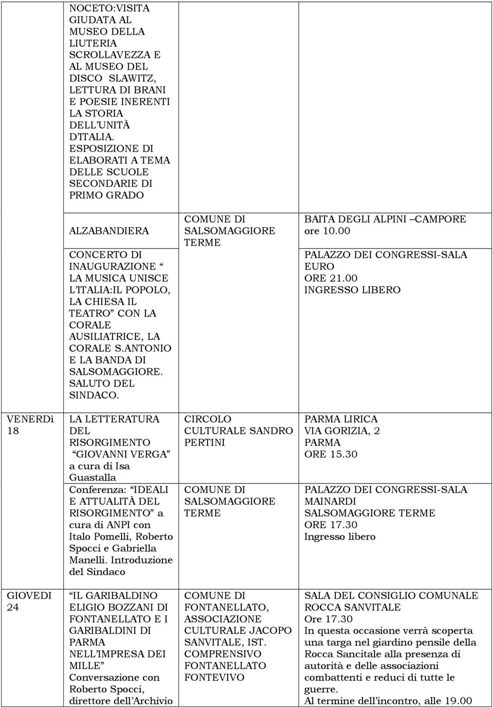 CORALE S.ANTONIO E LA BANDA DI SALSOMAGGIORE. SALUTO DEL SINDACO. SALSOMAGGIORE TERME BAITA DEGLI ALPINI CAMPORE ore 10.00 PALAZZO DEI CONGRESSI-SALA EURO ORE 21.