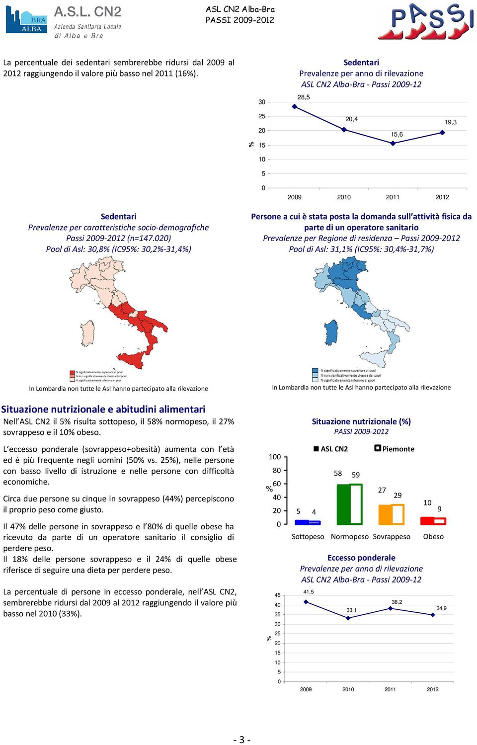 2) Pool di Asl: 3,8 (IC95: 3,2-31,4) Persone a cui è stata posta la domanda sull attività fisica da parte di un operatore sanitario Prevalenze per Regione di residenza Passi 29-212 Pool di Asl: 31,1