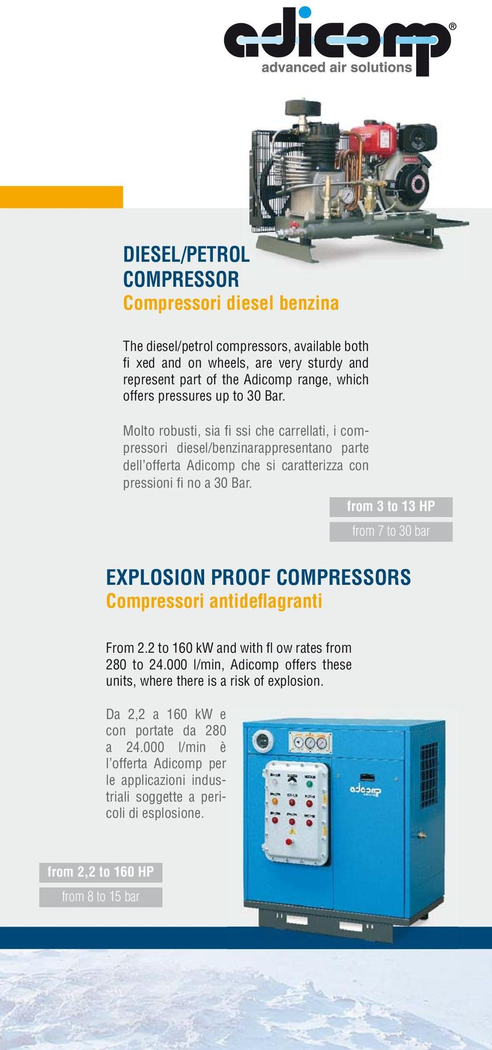 from 3 to 13 HP from 7 to 30 bar EXPLOSION PROOF COMPRESSORS Compressori antidefl agranti From 2.2 to 160 kw and with fl ow rates from 280 to 24.