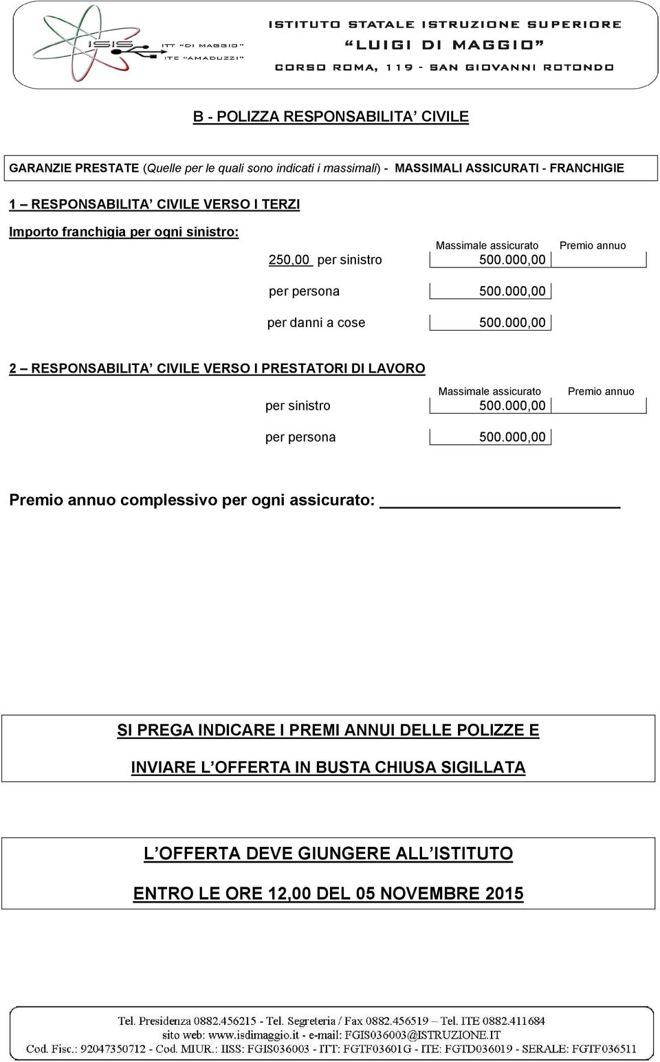 RESPONSABILITA CIVILE VERSO I PRESTATORI DI LAVORO per sinistro per persona Massimale assicurato Premio annuo Premio annuo complessivo per ogni assicurato: