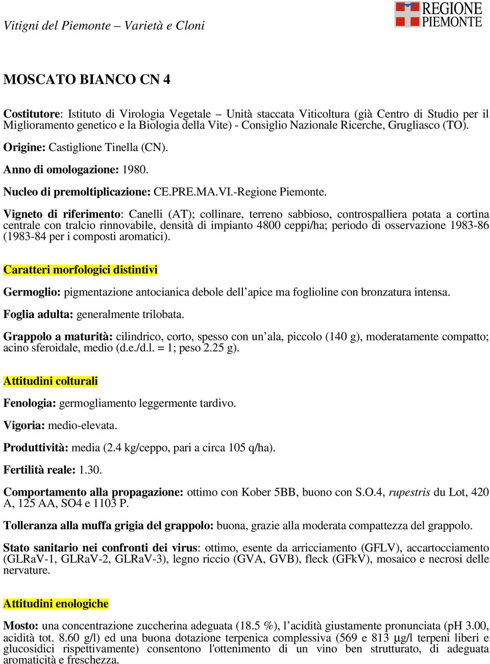 1983-86 (1983-84 per i composti aromatici). Germoglio: pigmentazione antocianica debole dell apice ma foglioline con bronzatura intensa. Foglia adulta: generalmente trilobata.