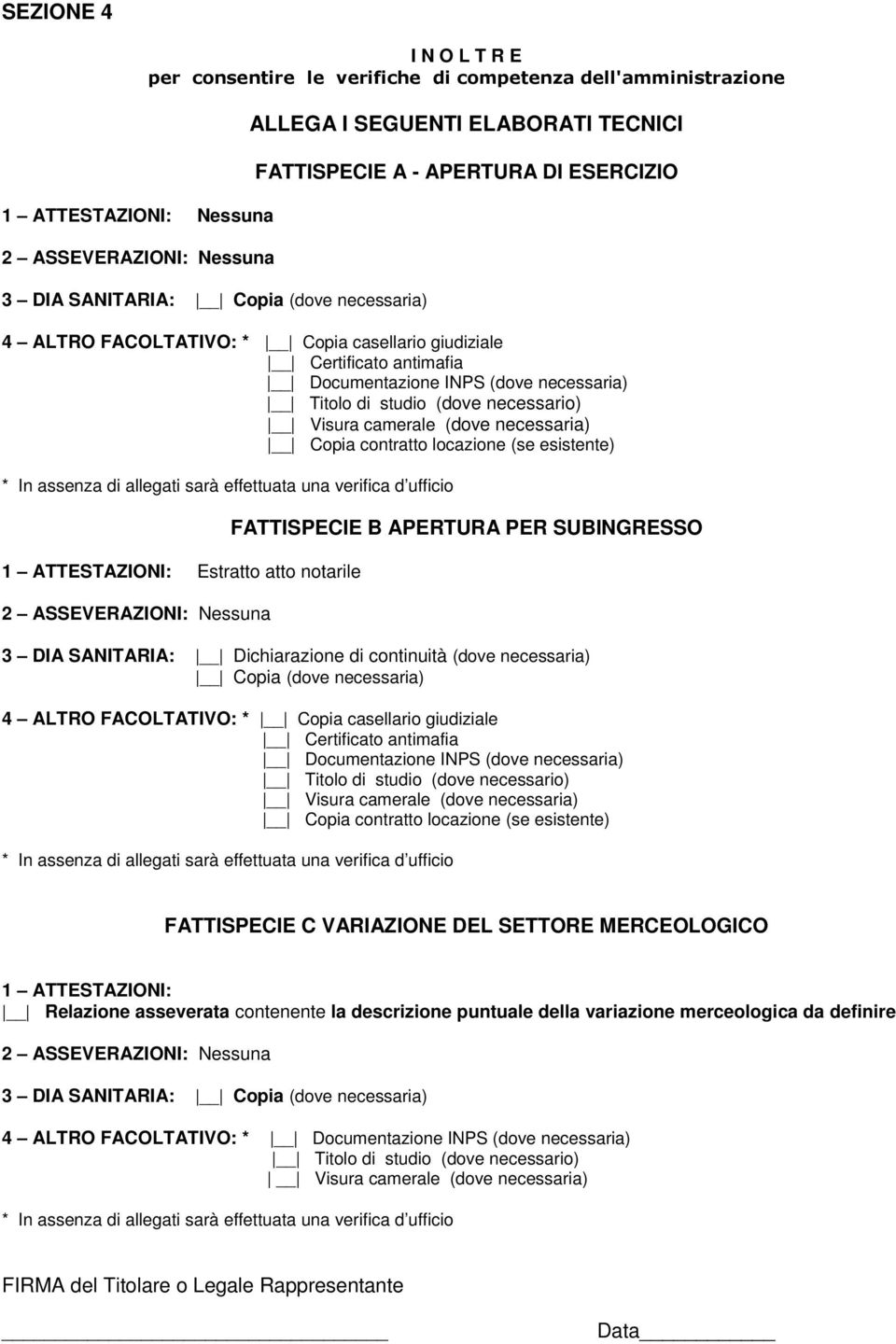 necessario) Visura camerale (dove necessaria) Copia contratto locazione (se esistente) * In assenza di allegati sarà effettuata una verifica d ufficio 1 ATTESTAZIONI: Estratto atto notarile 2