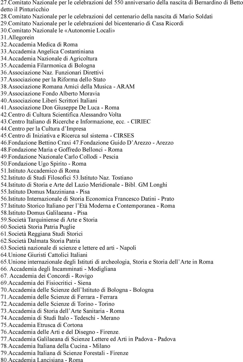 Comitato Nazionale le «Autonomie Locali» 31.Allegorein 32.Accademia Medica di Roma 33.Accademia Angelica Costantiniana 34.Accademia Nazionale di Agricoltura 35.Accademia Filarmonica di Bologna 36.