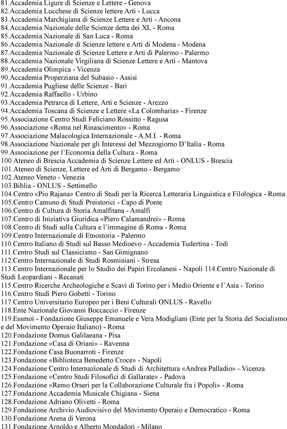 Accademia Nazionale di Scienze Lettere e Arti di Palermo - Palermo 88.Accademia Nazionale Virgiliana di Scienze Lettere e Arti - Mantova 89.Accademia Olimpica - Vicenza 90.