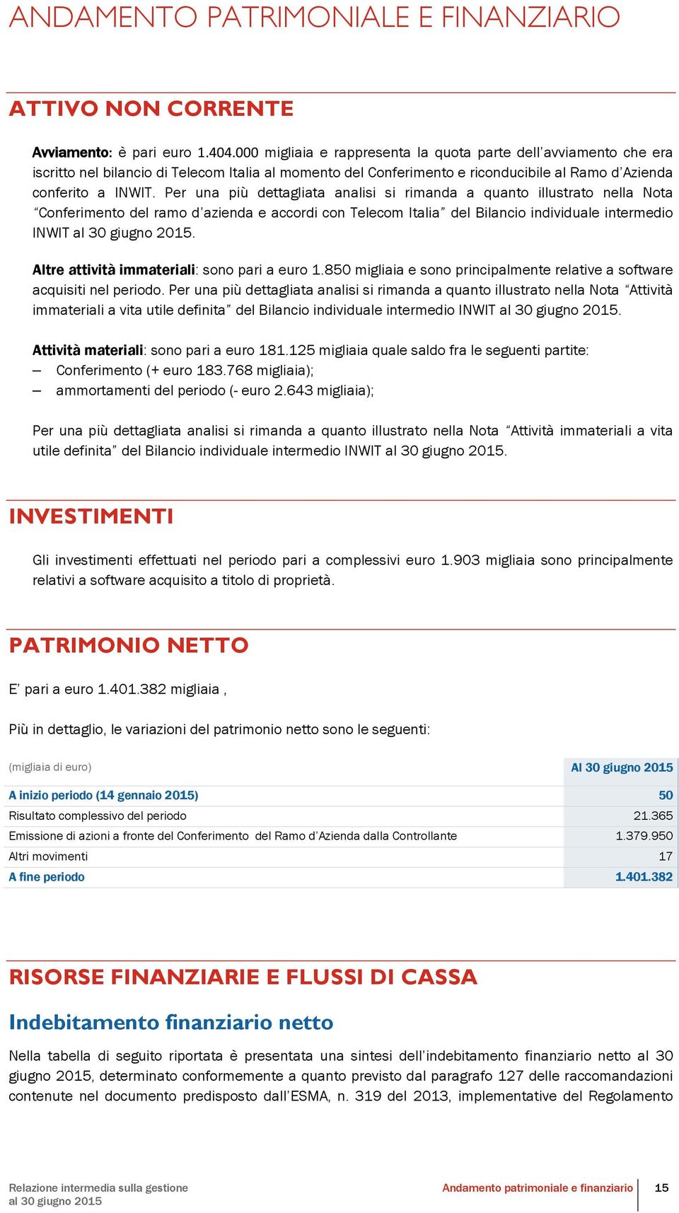 Per una più dettagliata analisi si rimanda a quanto illustrato nella Nota Conferimento del ramo d azienda e accordi con Telecom Italia del Bilancio individuale intermedio INWIT.