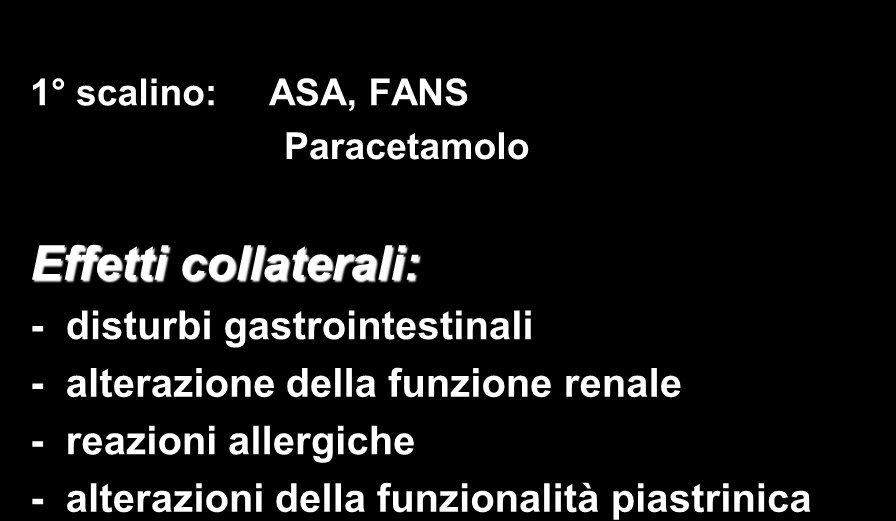 Farmaci di riferimento per ogni scalino 1 scalino: ASA, FANS Paracetamolo Effetti collaterali: - disturbi