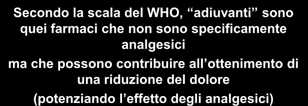 Farmaci adiuvanti: definizione Secondo la scala del WHO, adiuvanti sono quei farmaci che non sono specificamente