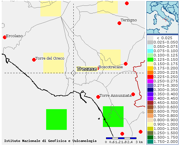Trecase. Figura 10. Mappa di pericolosità sismica del territorio comunale di Trecase (NA) dell INGV con i range di valori delle a g nella legenda corrispondente.