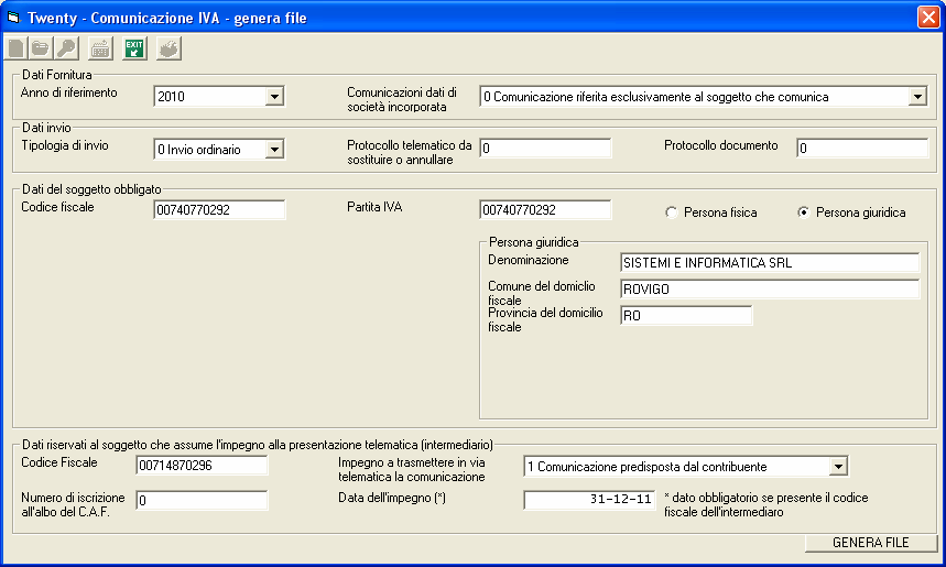 Se l invio viene effettuato non dal contribuente ma da un INTERMEDIARIO è indispensabile completare gli appositi campi. Con il pulsante GENERA FILE viene richiesta la destinazione del file generato.