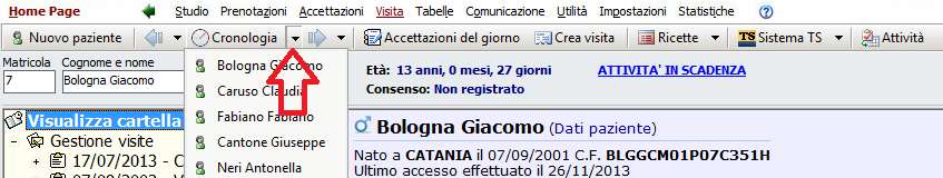 CRONOLOGIA Nella console visita è stato introdotto la funzionalità Cronologia con cui è possibile: Visualizzare e richiamare velocemente gli ultimi pazienti selezionati Visualizzare e selezionare