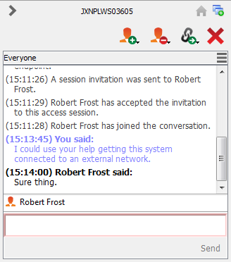 Chat con altri utenti durante una sessione condivisa La finestra di chat di sessione funge da registro corrente di tutto ciò che accade nel corso di una sessione, compresi il trasferimento di file e