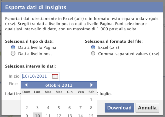 Puoi visionare i dati della pagina Insights attraverso la dashboard oppure esportarli utilizzando il pulsante Esporta in alto a destra.