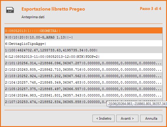 Poi premere Si aprirà il wizard guidato per l esportazione del file DAT. Passo 1/4 Definire il Libretto. Definire se rinominare i punti ed ordinare le misure.