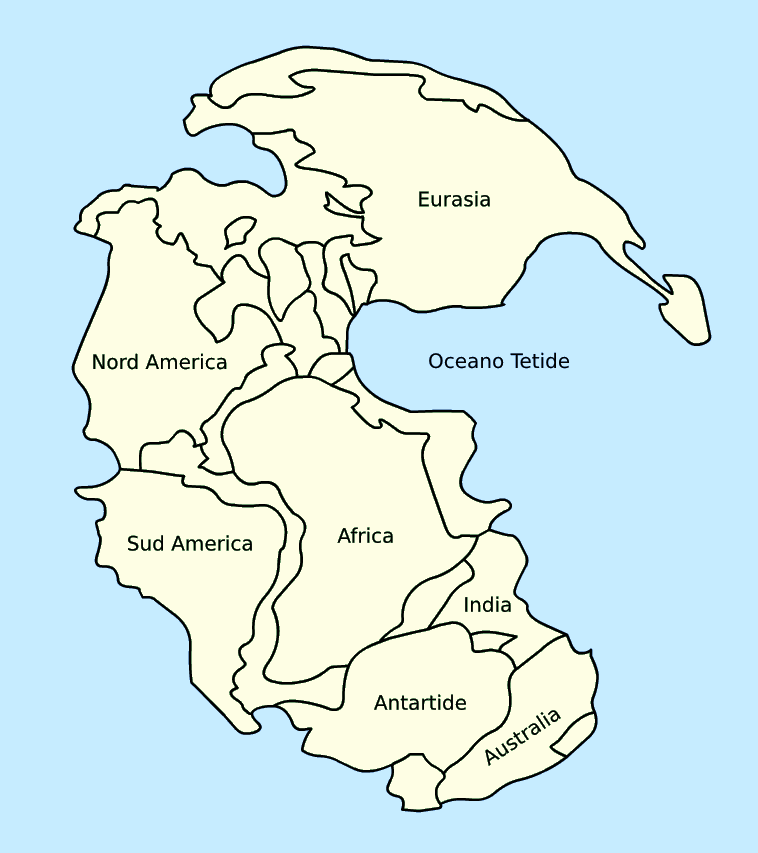 Fig. 5 La posizione dei continenti attuali alla fine dell era paleozoica (Wikipedia) Con un simpatico aneddoto Carulli ha poi spiegato l evoluzione delle dolomiti.
