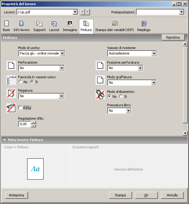 OPZIONI DI STAMPA 39 PER ACCEDERE ALLE OPZIONI DI FINITURA DA COMMAND WORKSTATION 1 Da Command WorkStation, selezionare o fare clic con il pulsante destro del mouse su un lavoro in spool/messo in