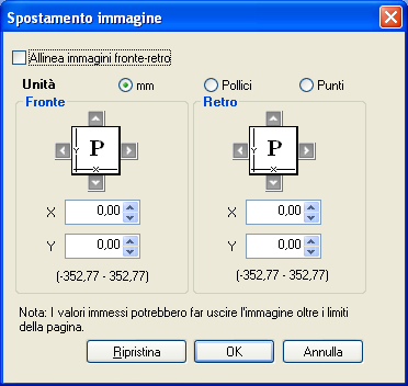 OPZIONI DI STAMPA 50 Spostamento immagine Questa opzione consente di specificare di quanto si desidera spostare l immagine su ciascuna pagina in relazione agli assi X (orizzontale) e Y (verticale).