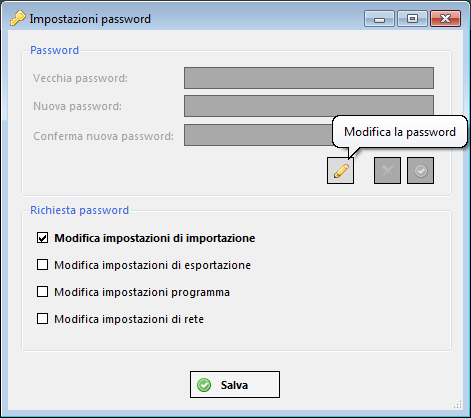 Configurazione della richiesta password Dal menù Impostazioni selezionare la voce Password. Si aprirà una finestra dalla quale si potrà scegliere una password e per quale operazione sarà richiesta. N.