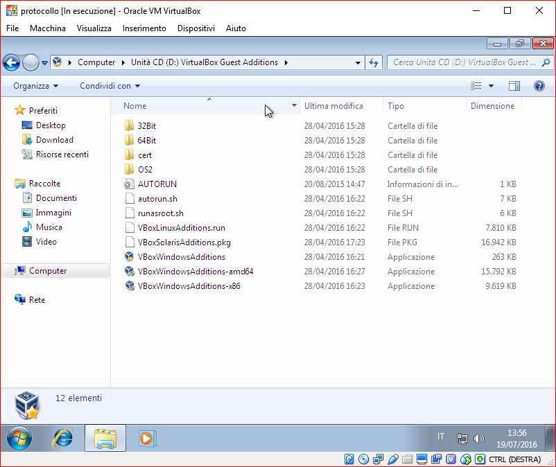 terminare con OK e riattivare MV e una volta entrati in windows aprire il dispositivo CD ed eseguire l applicazione VboxWindowsAdditions-86 che installa nel sistema