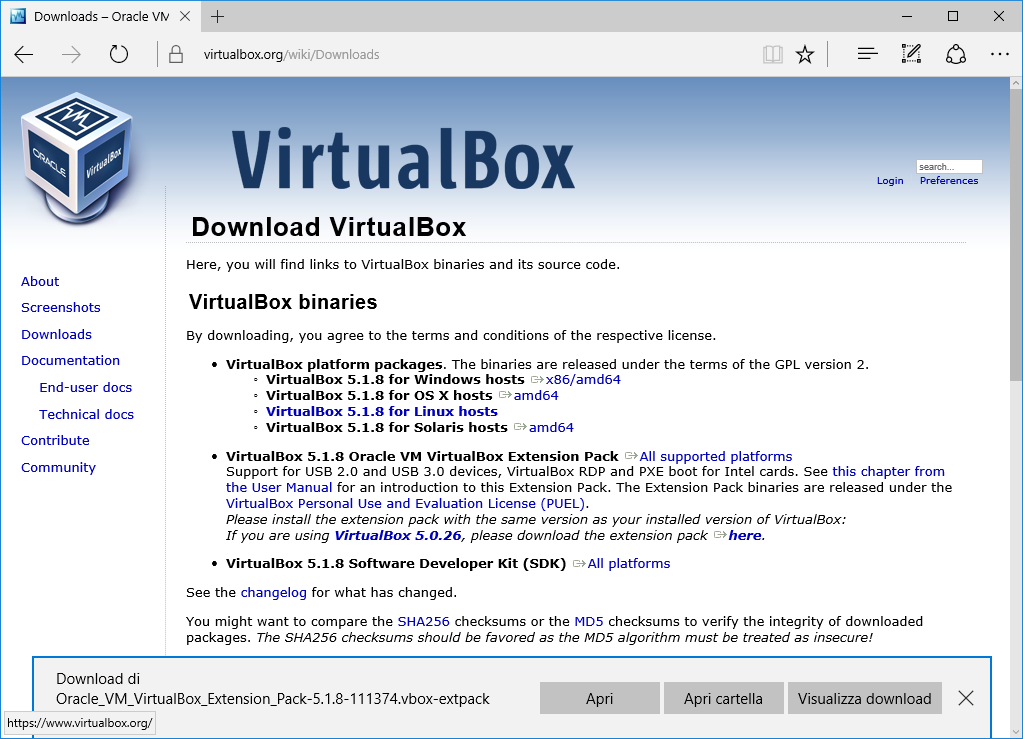 Disabilitare l attivazione dell applicativo VirtualBox al termine dell installazione e utilizzare il link All