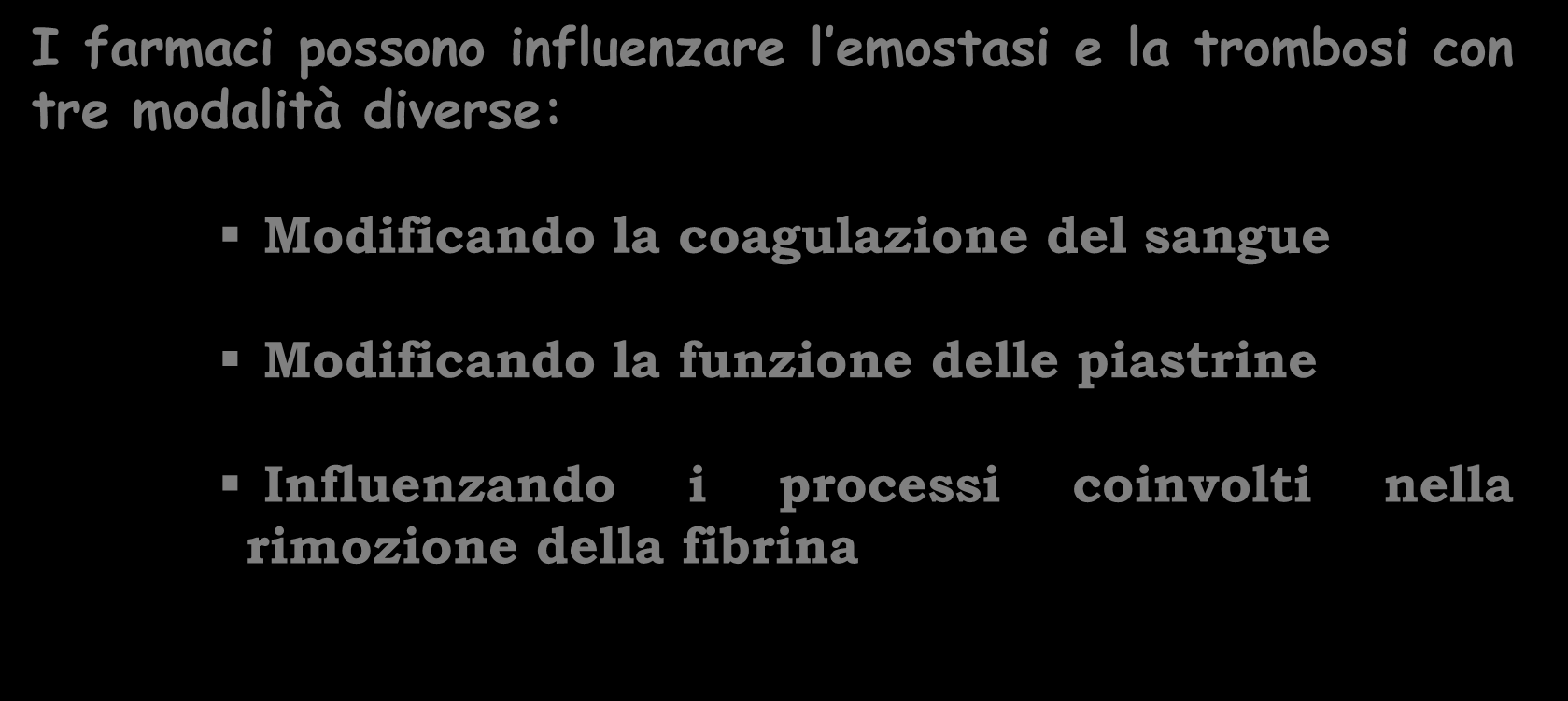 I farmaci possono influenzare l emostasi e la trombosi con tre modalità diverse: Modificando la coagulazione