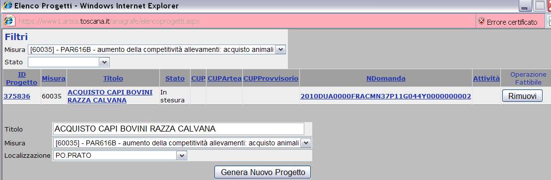 Quindi si clicca sul pulsante GENERA NUOVO PROGETTO.