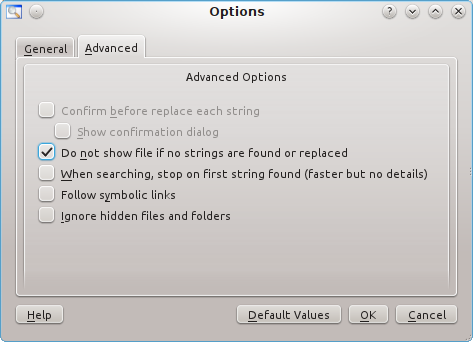 2.5.2 Opzioni avanzate Non mostrare i file se non sono trovare né sostituite stringhe: mostra solo i file che corrispondono a qualcuna delle tue stringhe. Ciò sveltirà la ricerca.
