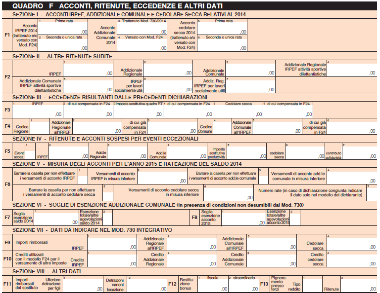 Quadro F - Acconti, ritenute, eccedenze e altri dati Il Quadro F è diviso in otto sezioni, nelle quali vanno rispettivamente indicati: i versamenti di acconto e i saldi relativi all IRPEF e alle