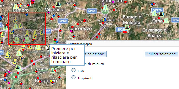 2.1.2.2.6 Selezione in mappa Il menu Selezione in mappa consente di interrogare gli impianti, i punti di misura e le misure a lungo termine presenti nella porzione di mappa visualizzata sullo