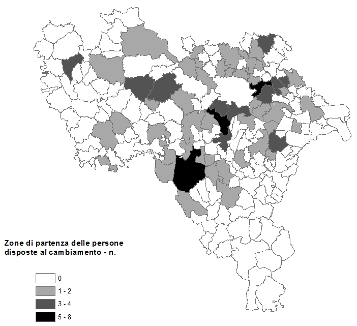 Figura 5.4 Disponibilità al car pooling e zona di partenza (livello provinciale) Tabella 5.