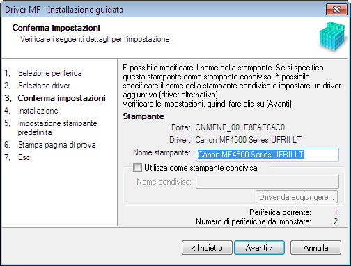 8 Selezionare la funzione da utilizzare. (1) Selezionare la funzione da utilizzare, ovvero il driver da installare. (2) Fare clic su [Avanti].