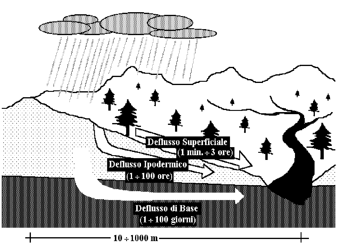 Fig.1.2 - Tempi di ritardo, rispetto alla precipitazione, dei diversi tipi di deflusso in arrivo alla rete idrografica.