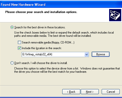 Passo 61: Selezionate Include this location in the search, cliccate Browse e scegliete il driver per il sistema operativo corrispondente nel CD.