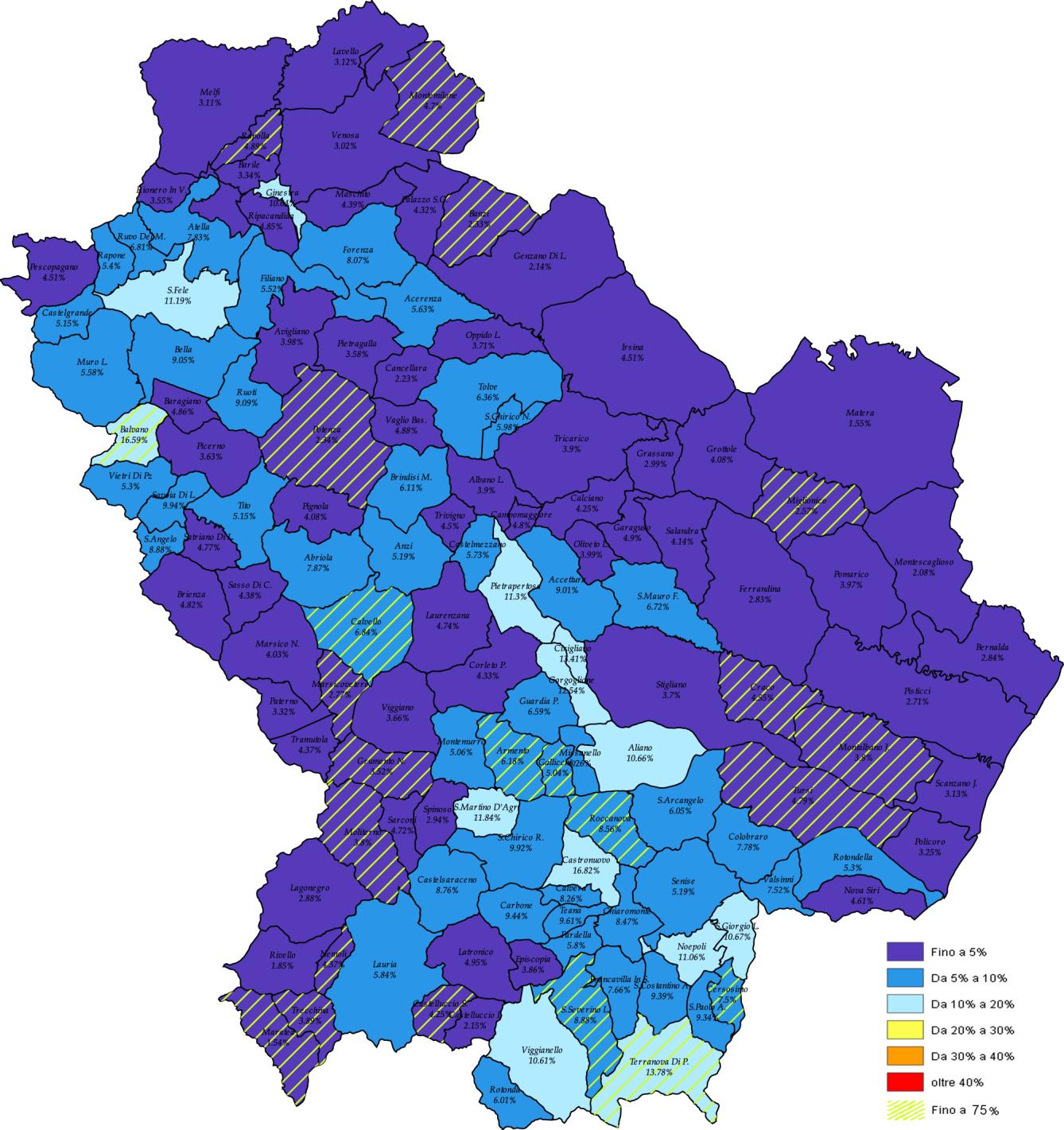 Testo Tasso di analfabetismo e percentuale di analfabeti di 65 anni e oltre per comune al censimento 2001 In Basilicata