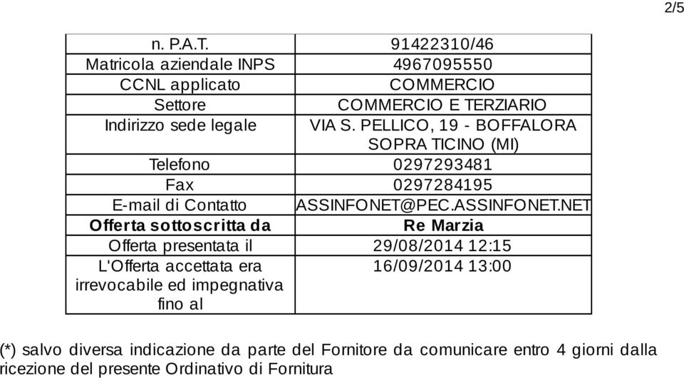 PELLICO, 19 - BOFFALORA SOPRA TICINO (MI) Telefono 0297293481 Fax 0297284195 E-mail di Contatto ASSINFONET@