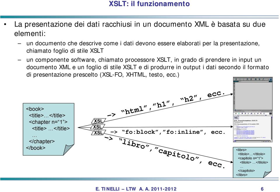 produrre in output i dati secondo il formato di presentazione prescelto (XSL-FO, XHTML, testo, ecc.