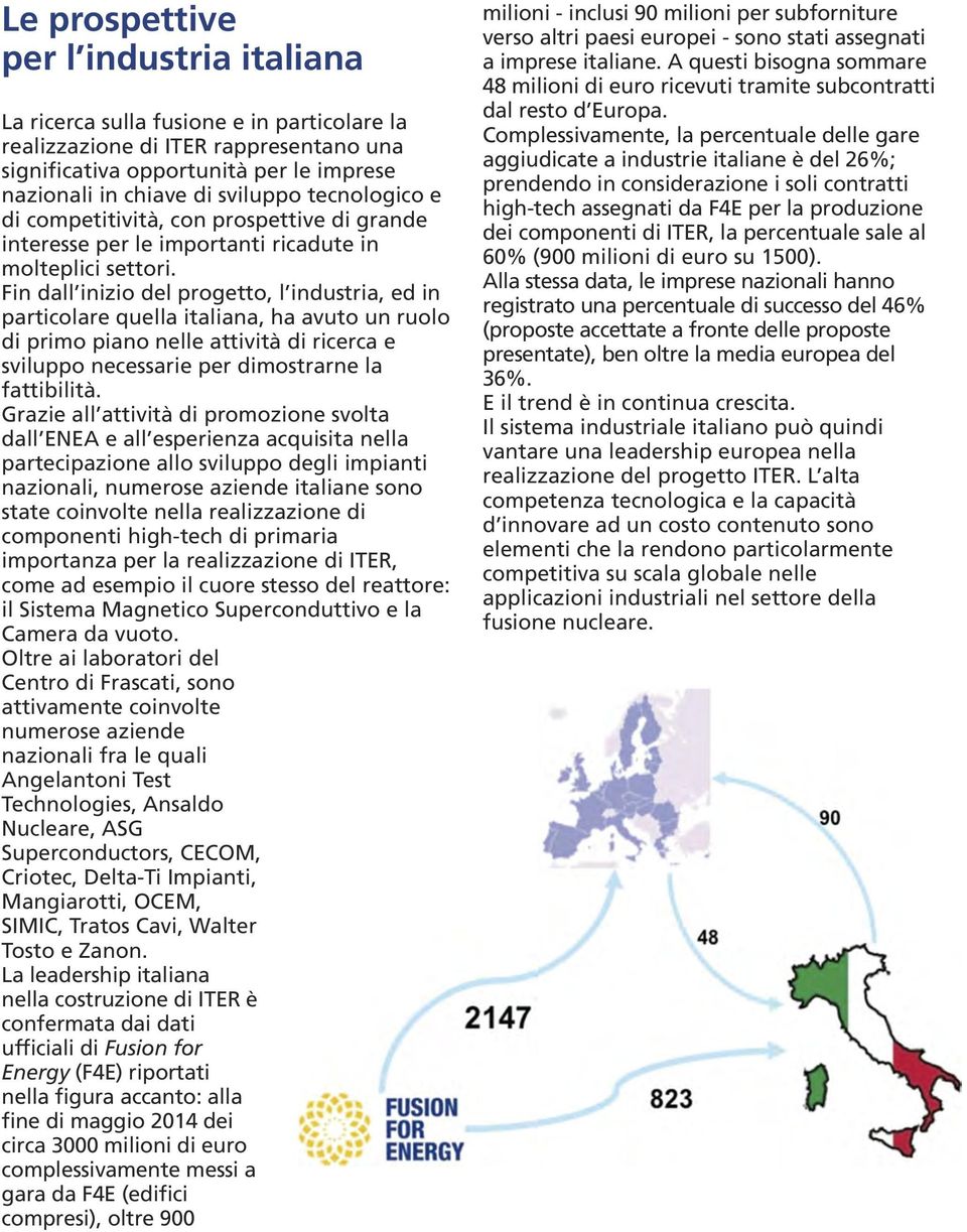 Fin dall inizio del progetto, l industria, ed in particolare quella italiana, ha avuto un ruolo di primo piano nelle attività di ricerca e sviluppo necessarie per dimostrarne la fattibilità.