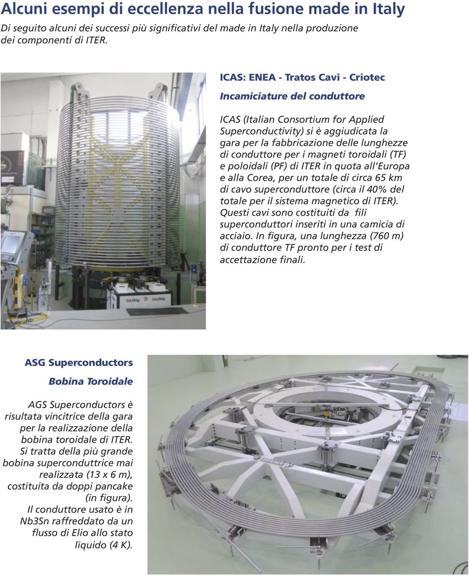 i magneti toroidali (TF) e poloidali (PF) di ITER in quota all Europa e alla Corea, per un totale di circa 65 km di cavo superconduttore (circa il 40% del totale per il sistema magnetico di ITER).