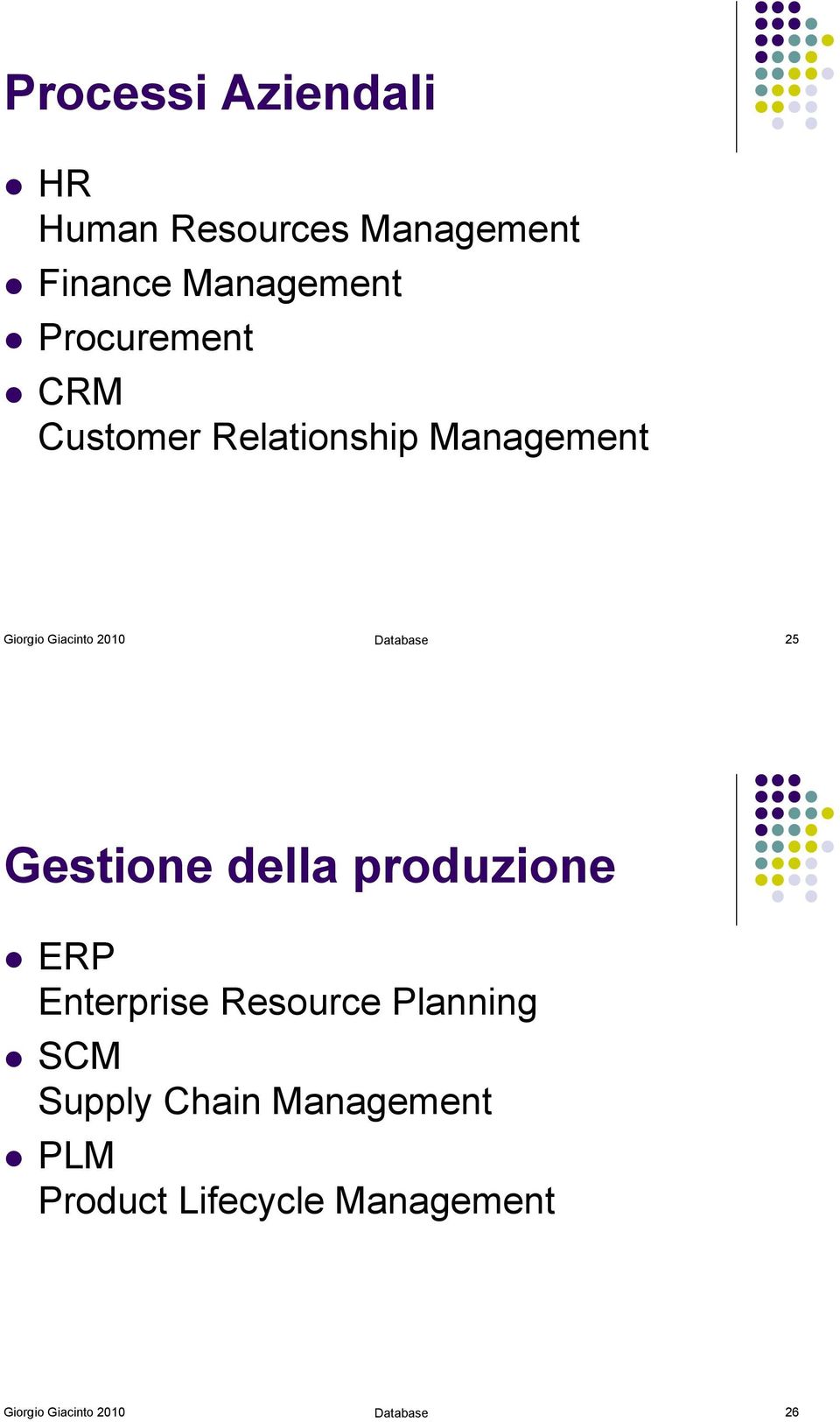CRM Customer Relationship Management Giorgio Giacinto 2010 Database 25