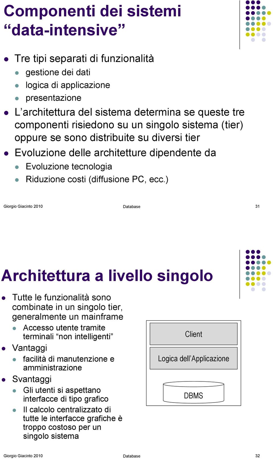 Evoluzione tecnologia! Riduzione costi (diffusione PC, ecc.) Giorgio Giacinto 2010 Database 31 Architettura a livello singolo!