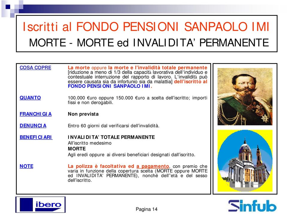 L invalidità può essere causata sia da infortunio sia da malattia] dell iscritto al FONDO PENSIONI SANPAOLO IMI. 100.000 uro oppure 150.000 uro a scelta dell iscritto; importi fissi e non derogabili.